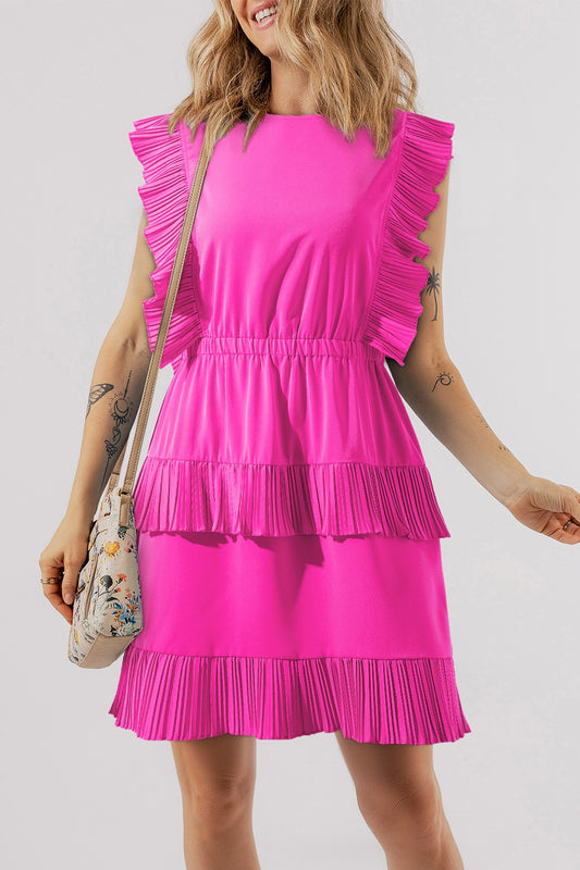 Ruched Round Neck Cap Sleeve Mini Boho Dress - Spirit and Rebel [Spirit and Rebel] Fuchsia Pink S 