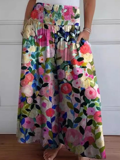 Spirit and Rebel Plus Size Smocked Wide Leg Boho Pants with Pockets [Spirit and Rebel] Floral S 