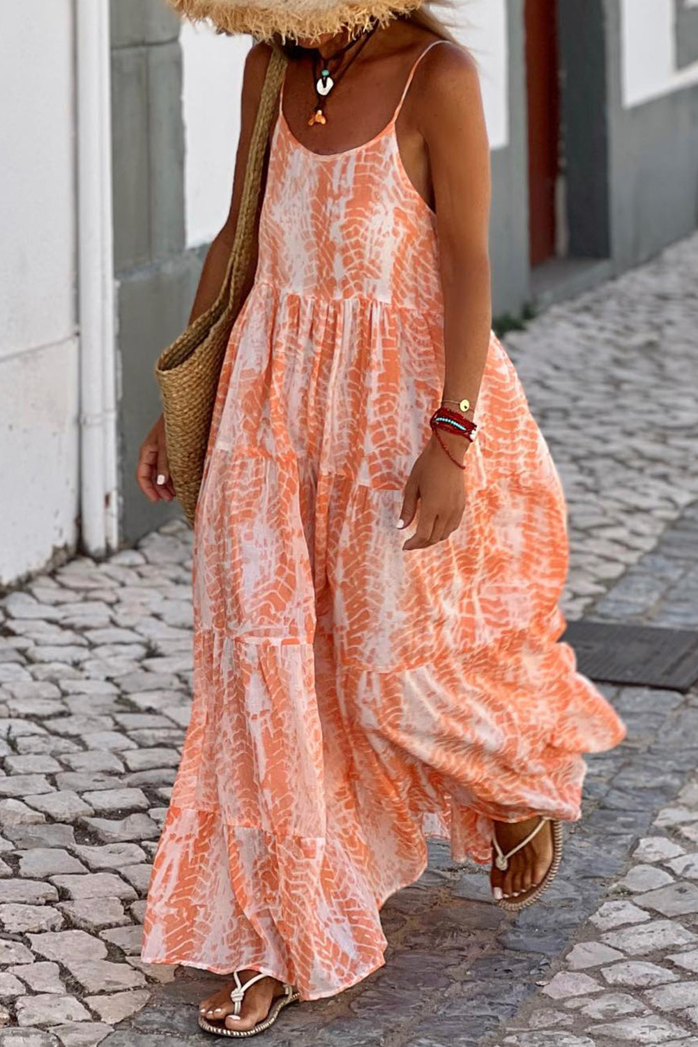 Printed Scoop Neck Maxi Cami Boho Dress [Spirit and Rebel] Pumpkin S 