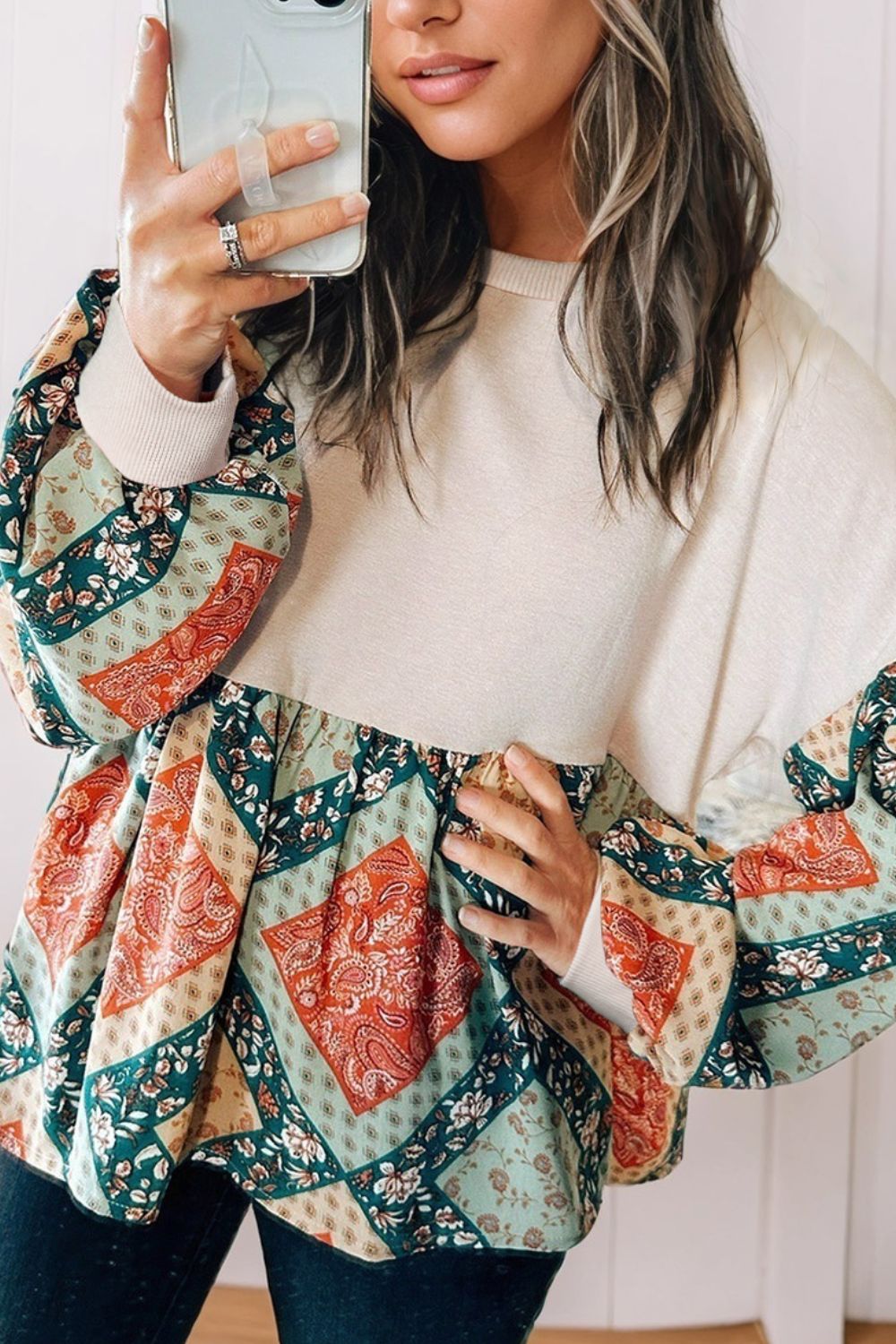 Printed Round Neck Long Sleeve Blouse [Spirit and Rebel]