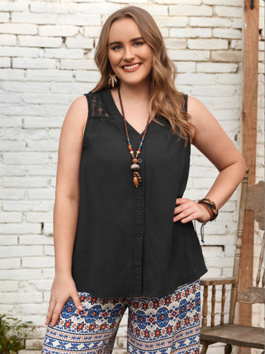 Plus Size V-Neck Boho Tank Top - Spirit and Rebel [Spirit and Rebel] Black 0XL 