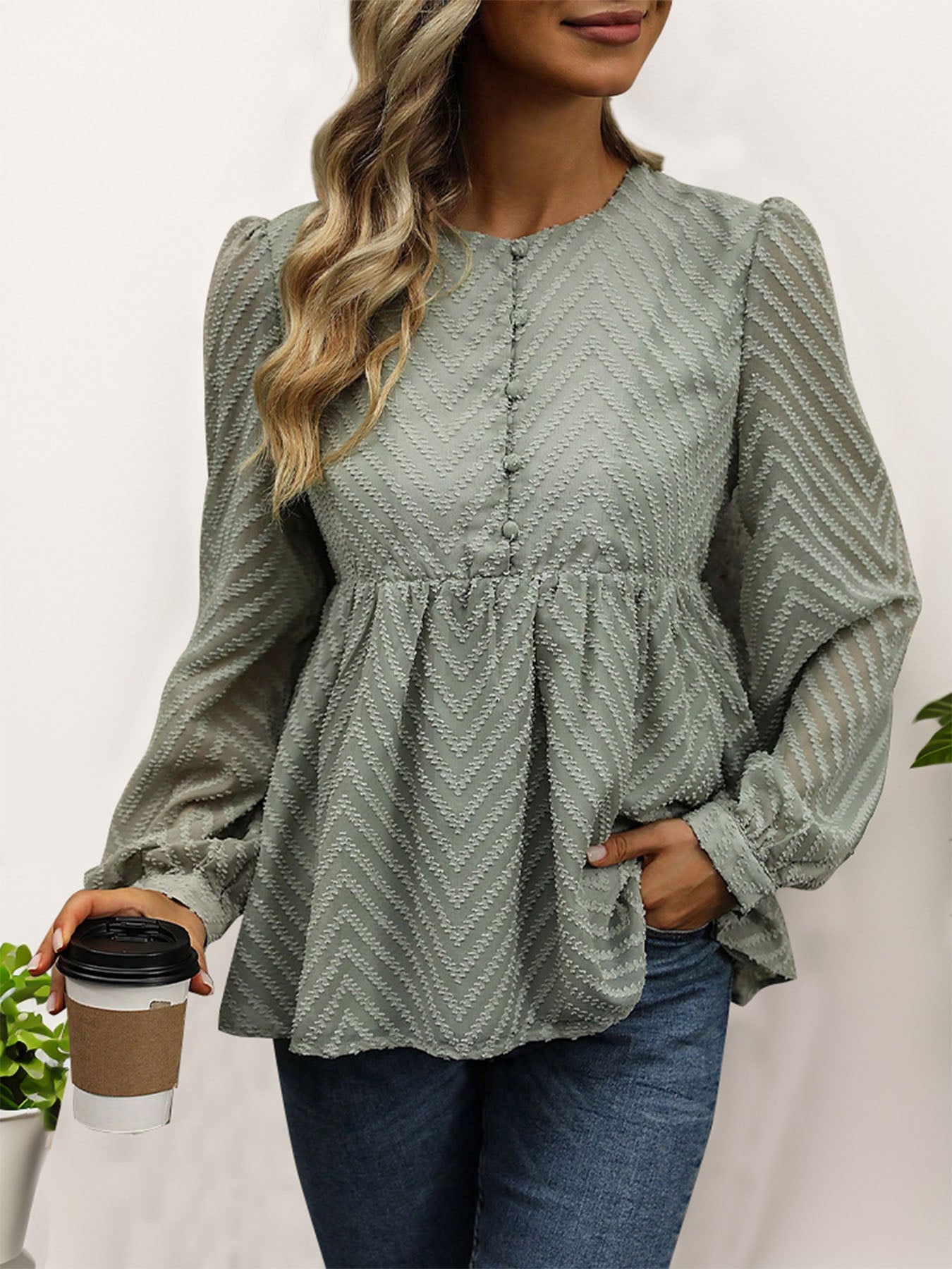 Peplum Round Neck Long Sleeve Bohemian Blouse - Spirit and Rebel [Spirit and Rebel] Sage S 