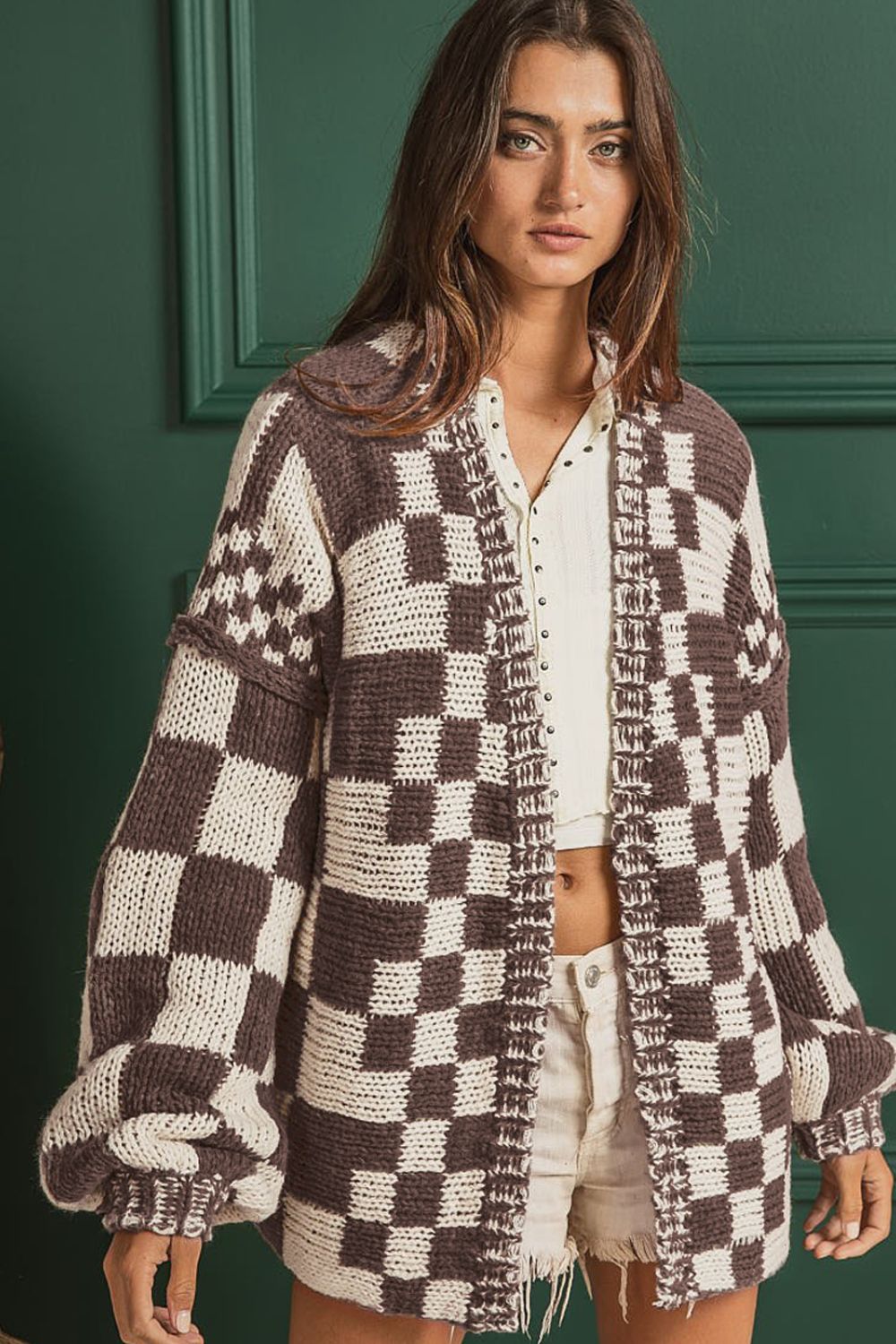 Checkered Open Front Long Sleeve Boho Cardigan [Spirit and Rebel]