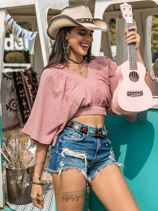 Textured V-Neck Crop Boho Top - Spirit and Rebel [Spirit and Rebel] Dusty Pink S 