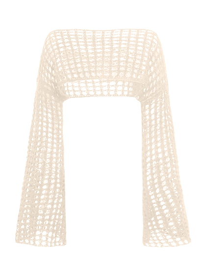 Openwork Boat Neck Long Sleeve Knit Boho Cover Up - Spirit and Rebel [Spirit and Rebel]   