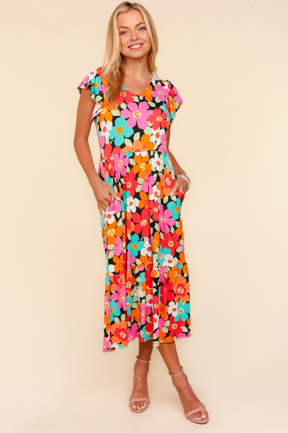 Floral Midi Boho Dress with Side Pockets - Spirit and Rebel [Spirit and Rebel]   