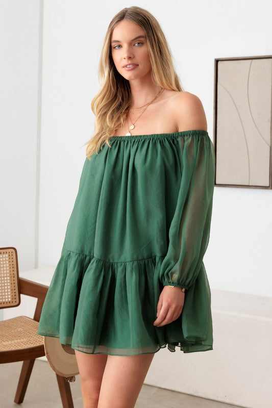 Organza Off Shoulder Puff Sleeve Mini Boho Dress - Spirit and Rebel [Spirit and Rebel] Green XS 