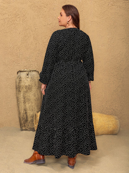 Spirit and Rebel Plus Size Embroidered Polka Dot Notched Long Sleeve Dress [Spirit and Rebel]   