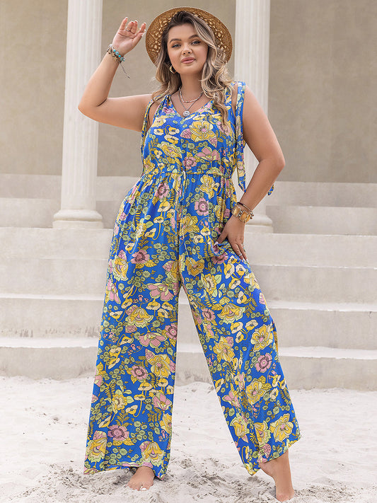 Plus Size Printed V-Neck Wide Leg Boho Jumpsuit - Spirit and Rebel [Spirit and Rebel] Blue 0XL 