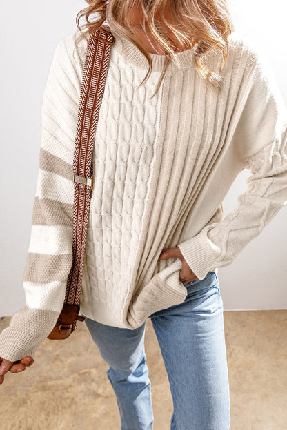 Cable-Knit Color Block Round Neck Boho Sweater - Spirit and Rebel [Spirit and Rebel]   