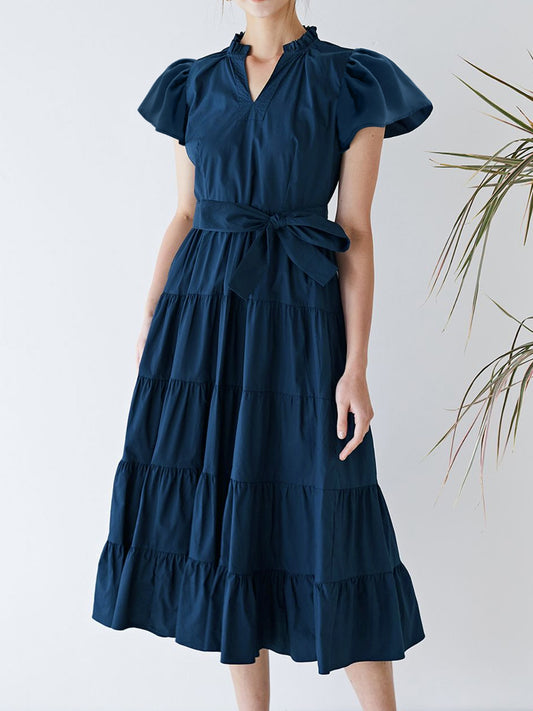 Ruched Tiered Notched Short Sleeve Boho Dress - Spirit and Rebel [Spirit and Rebel] Dark Blue S 