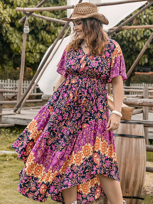 Plus Size Printed V-Neck Flutter Sleeve Midi Boho Dress - Spirit and Rebel [Spirit and Rebel] Vivid Violet 0XL 