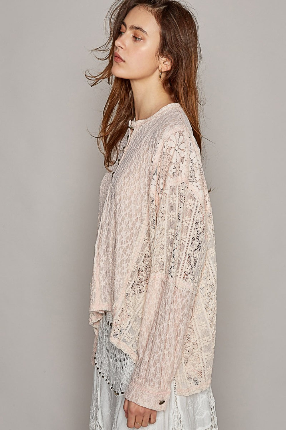 Round Neck Long Sleeve Raw Edge Lace Boho Top - Spirit and Rebel [Spirit and Rebel]   