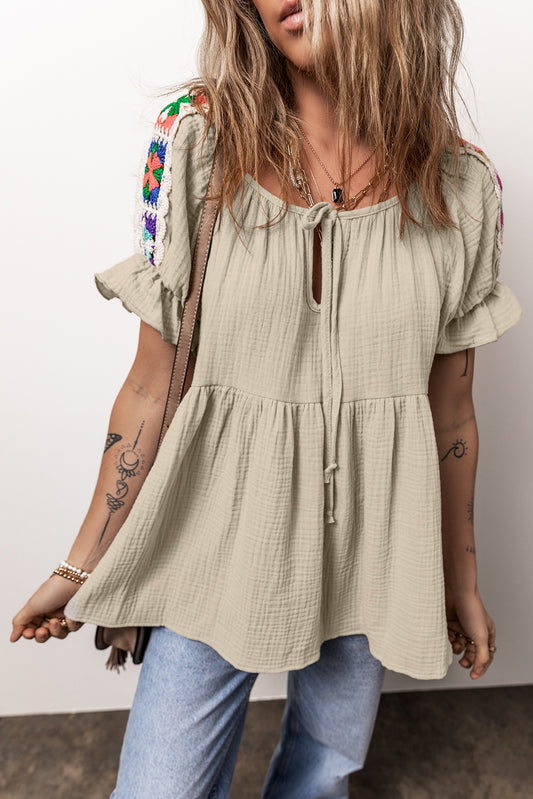 Embroidered Tie Neck Short Sleeve Boho Blouse - Spirit and Rebel [Spirit and Rebel] Tan S 