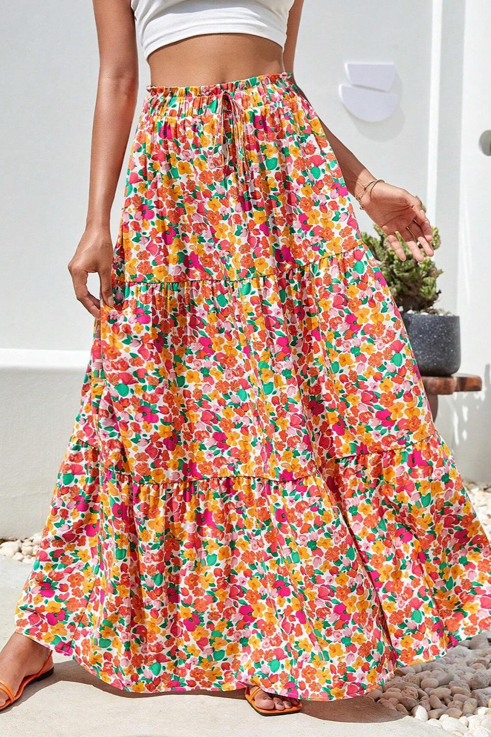 Printed Elastic Waist Maxi Skirt [Spirit and Rebel] Floral S 