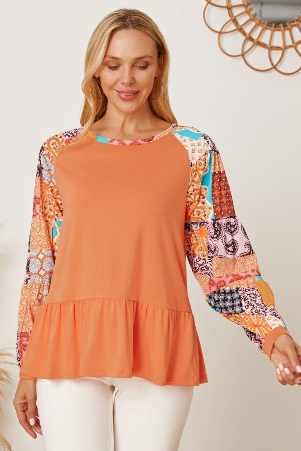 Printed Round Neck Peplum Blouse [Spirit and Rebel] Pumpkin XL 