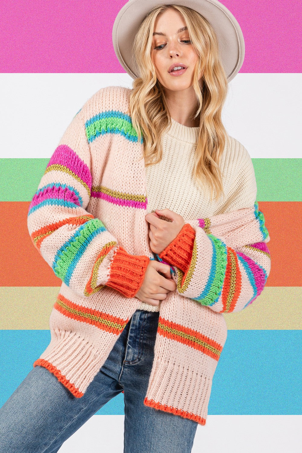 Spirit and Rebel Rainbow Striped Open Front Knit Boho Cardigan [Spirit and Rebel]   