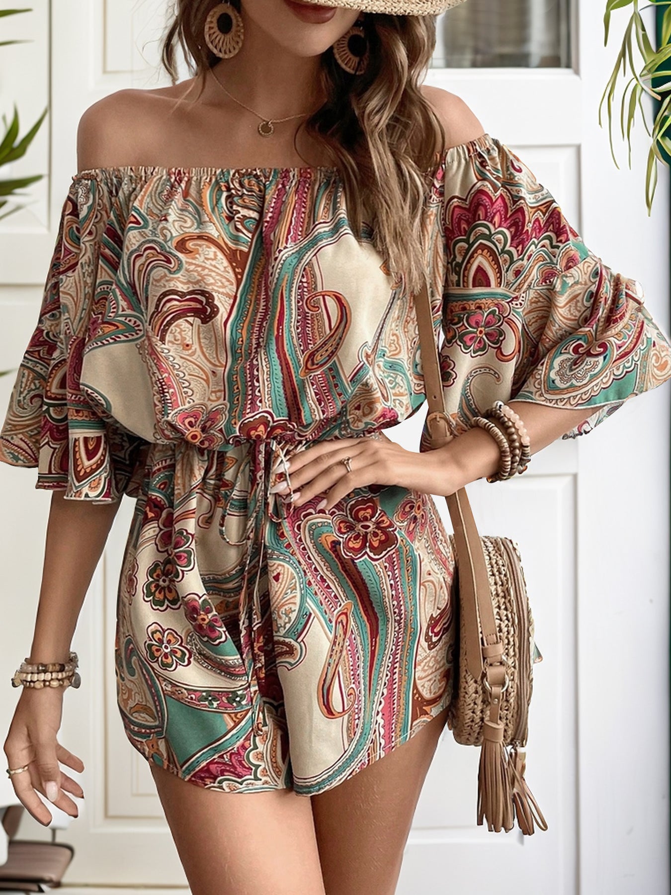 Printed Off Shoulder Half Sleeve Boho Romper - Spirit and Rebel [Spirit and Rebel]   