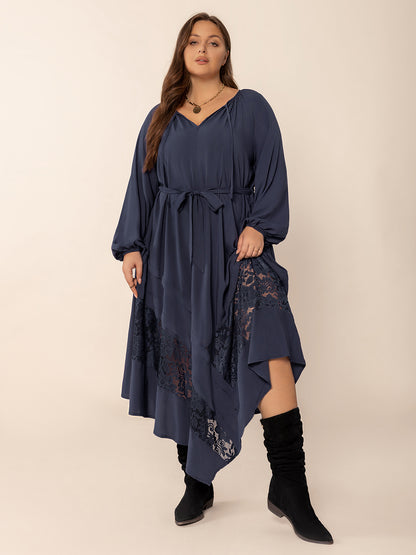 Spirit and Rebel Plus Size Lace Detail Tie Neck Long Sleeve Midi Dress [Spirit and Rebel]   