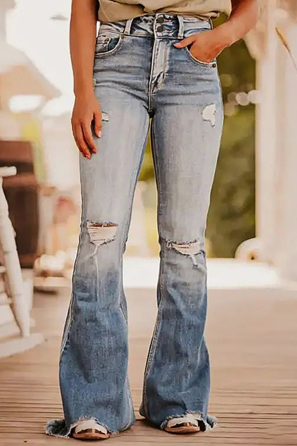 Distressed Raw Hem Bootcut Boho Jeans - Spirit and Rebel [Spirit and Rebel] Light 6 