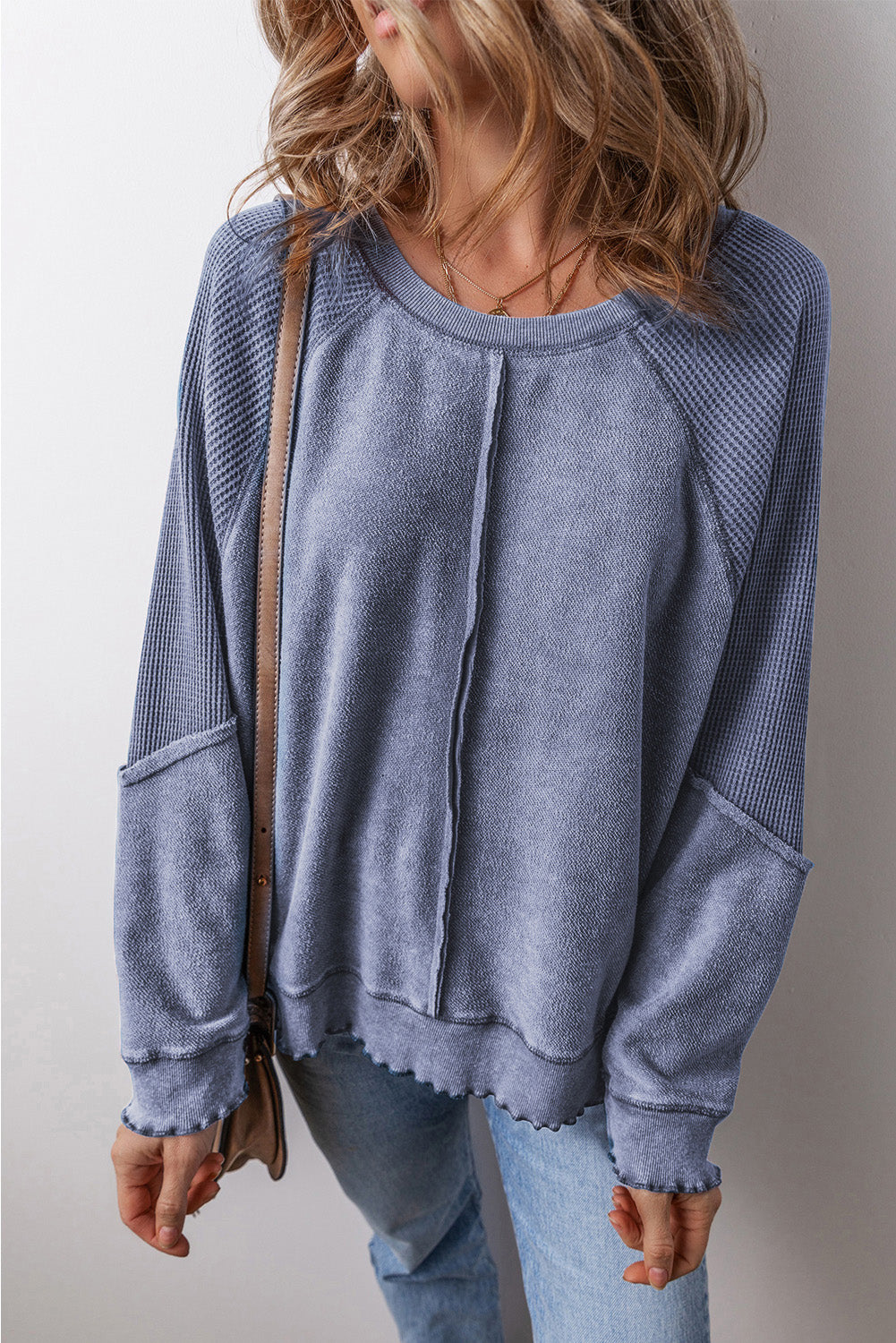 Round Neck Long Sleeve Boho Sweatshirt - Spirit and Rebel [Spirit and Rebel] Dusty Blue S 