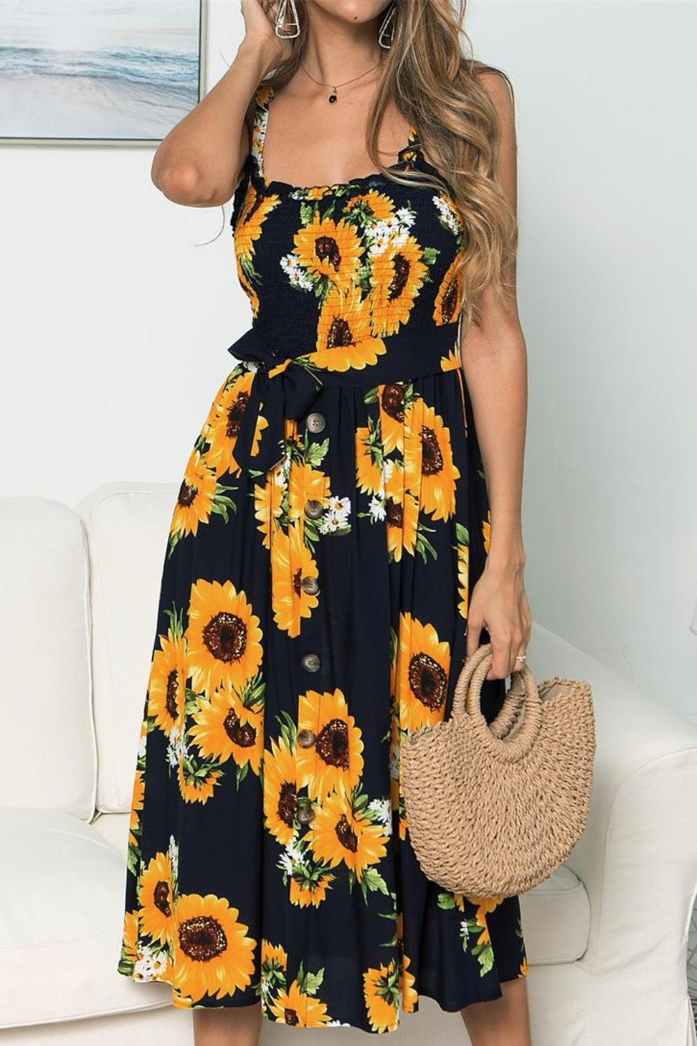 Smocked Sunflower Printed Sleeveless Cami Dress [Spirit and Rebel]   