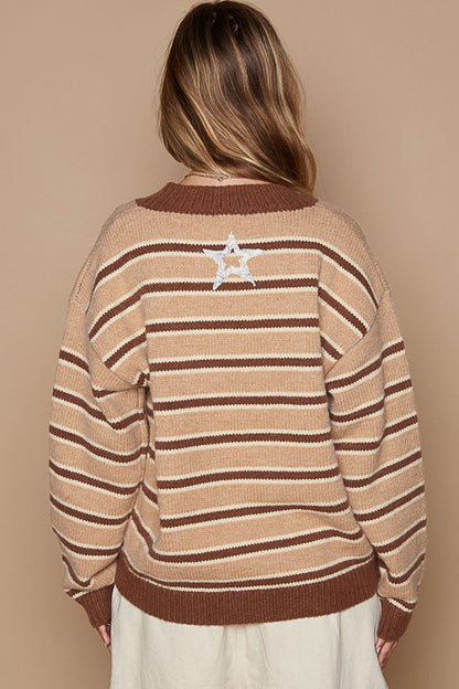 Spirit and Rebel Star Patch Stripe Round Neck Boho Sweater [Spirit and Rebel]   