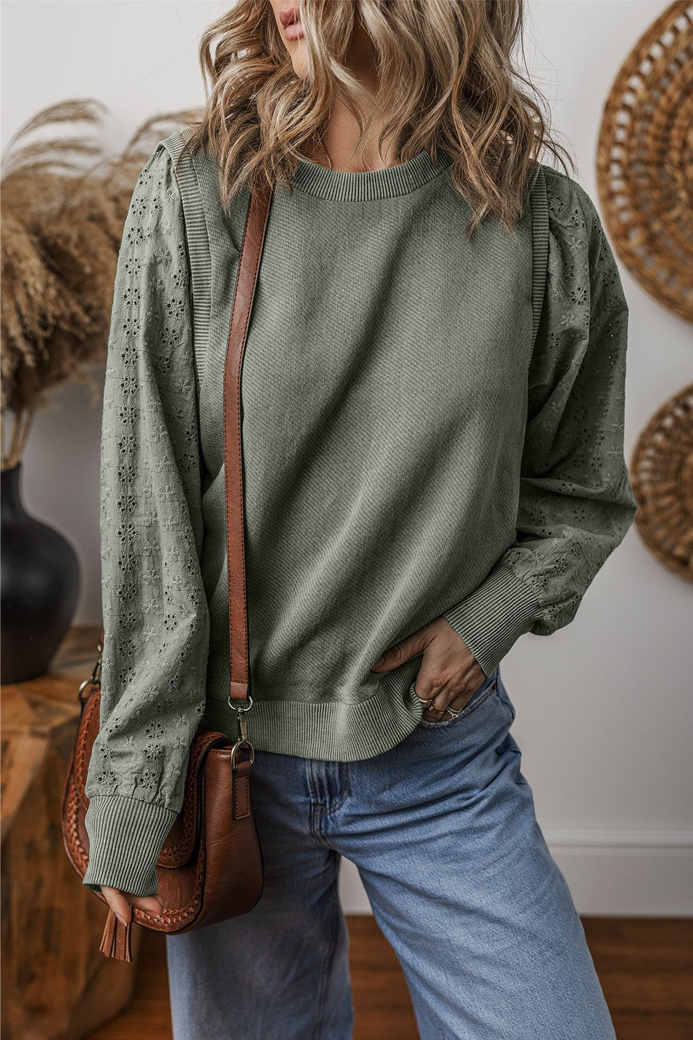 Eyelet Round Neck Long Sleeve Boho Sweatshirt - Spirit and Rebel [Spirit and Rebel] Gray S 