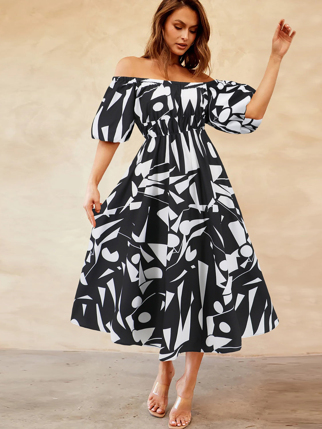 Printed Off-Shoulder Balloon Sleeve Dress [Spirit and Rebel]   