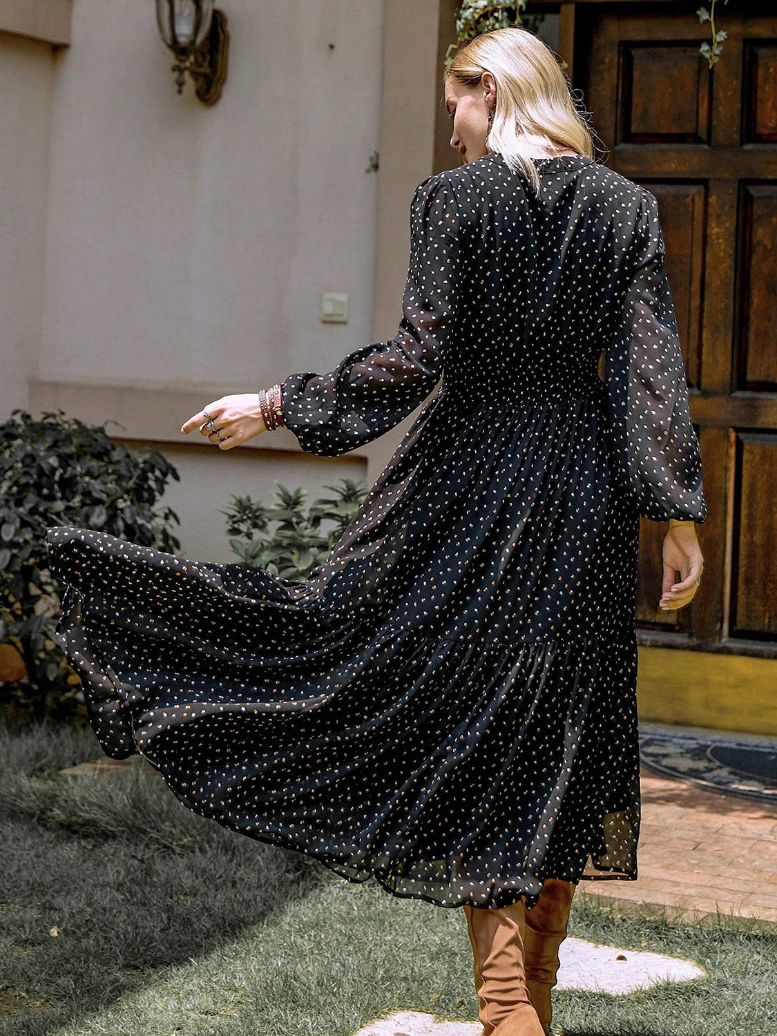 Spirit and Rebel Embroidered Polka Dot Tie Neck Long Sleeve Midi Dress [Spirit and Rebel]   