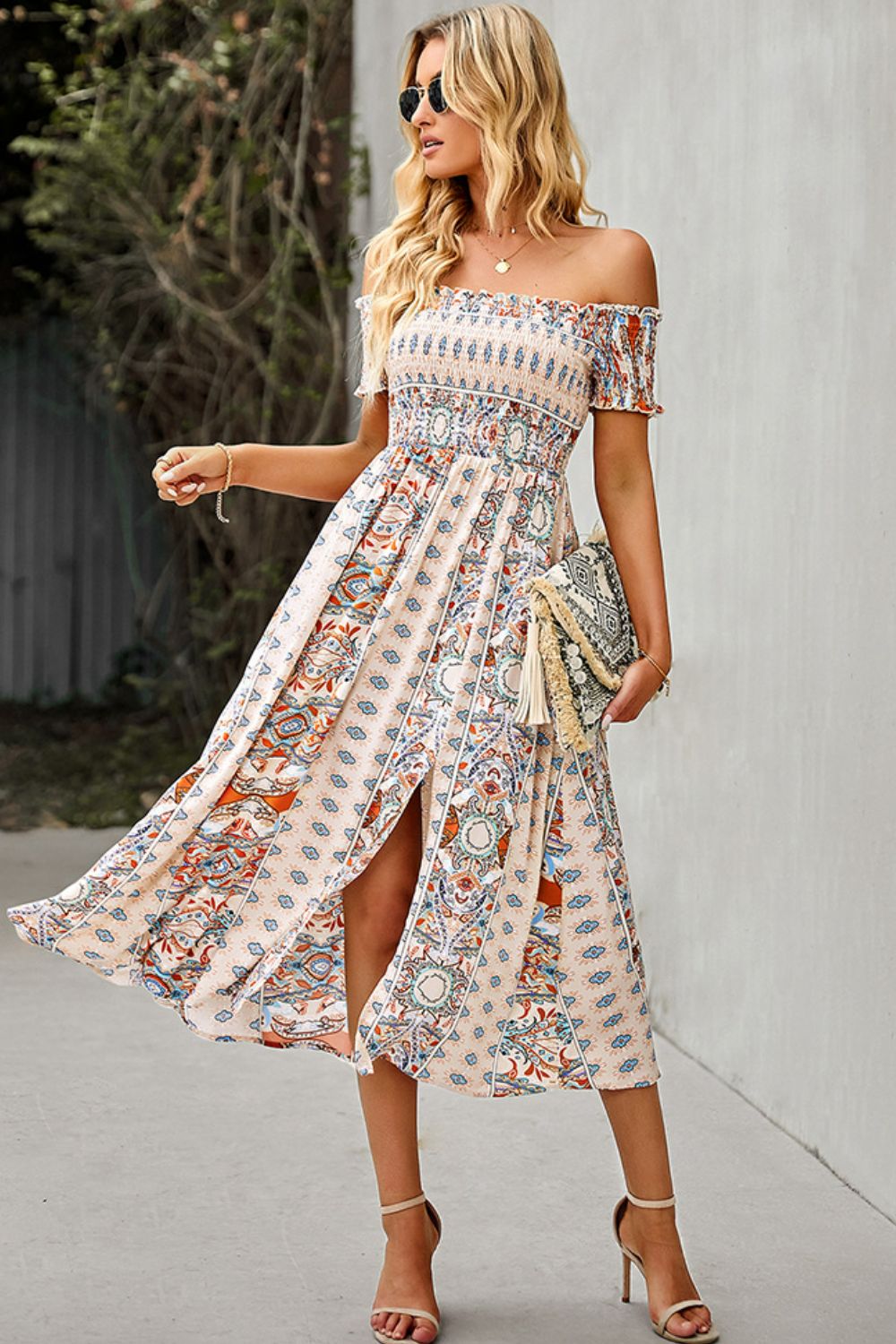 Off-Shoulder Frill Trim Split Boho Wedding Guest Dress [Spirit and Rebel] Light Apricot S 