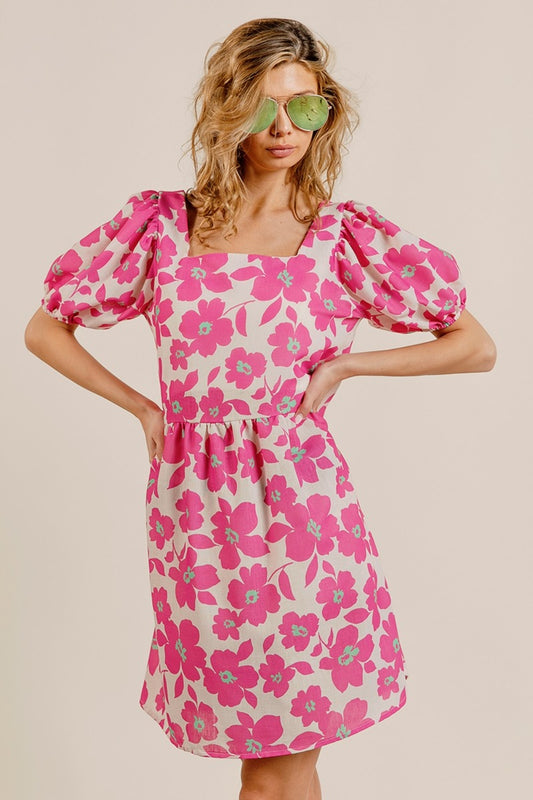 Printed Square Neck Puff Sleeve Mini Boho Dress - Spirit and Rebel [Spirit and Rebel] Fuchsia Combo S 