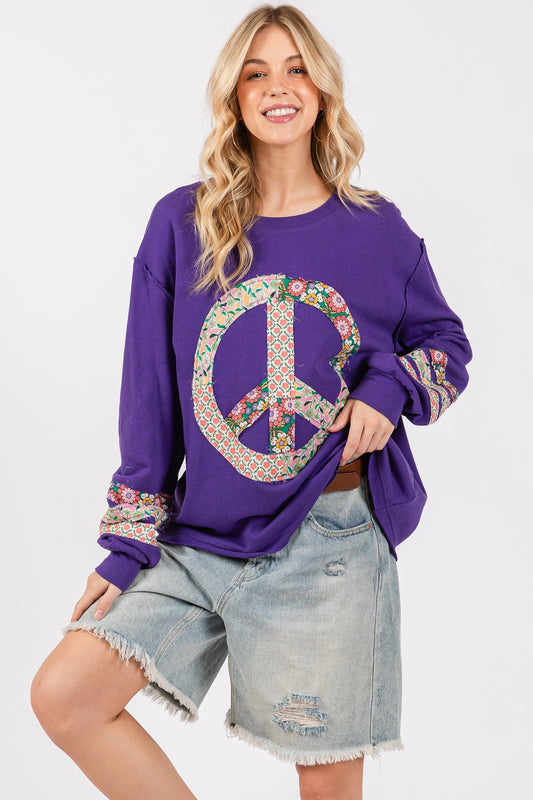 Spirit and Rebel SAGE+FIG Peace Applique Patch Long Sleeve Boho Top [Spirit and Rebel] Blueberry S 