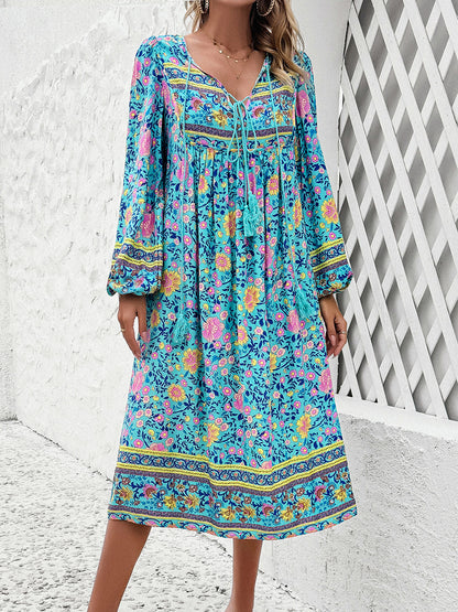 Tassel Tied Printed Long Sleeve Boho Dress [Spirit and Rebel] Tiffany Blue S 