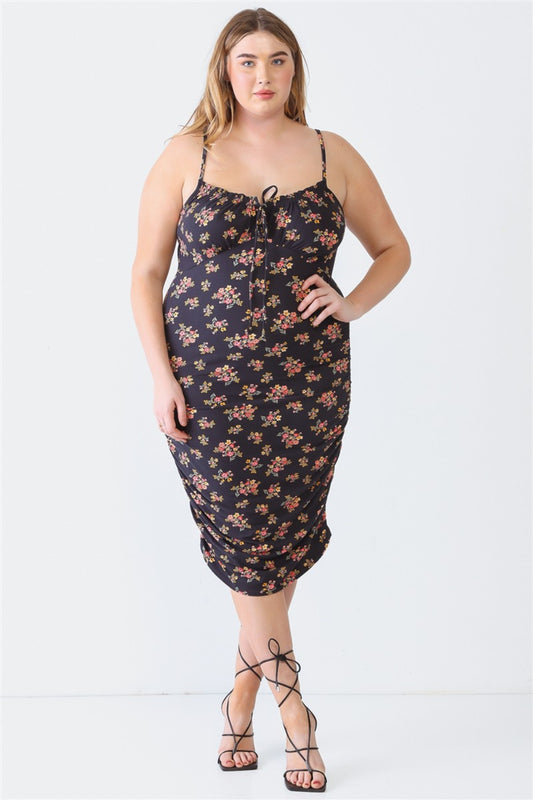 Blue Leopard Plus Size Ruched Floral Square Neck Boho Cami Boho Dress - Spirit and Rebel [Spirit and Rebel] Black 1XL 