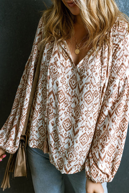 Printed Tie Neck Balloon Sleeve Blouse [Spirit and Rebel]   