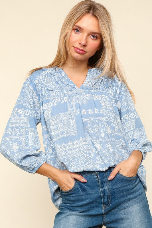 Plus Size Printed Notched Balloon Sleeve Blouse [Spirit and Rebel] Light Blue S