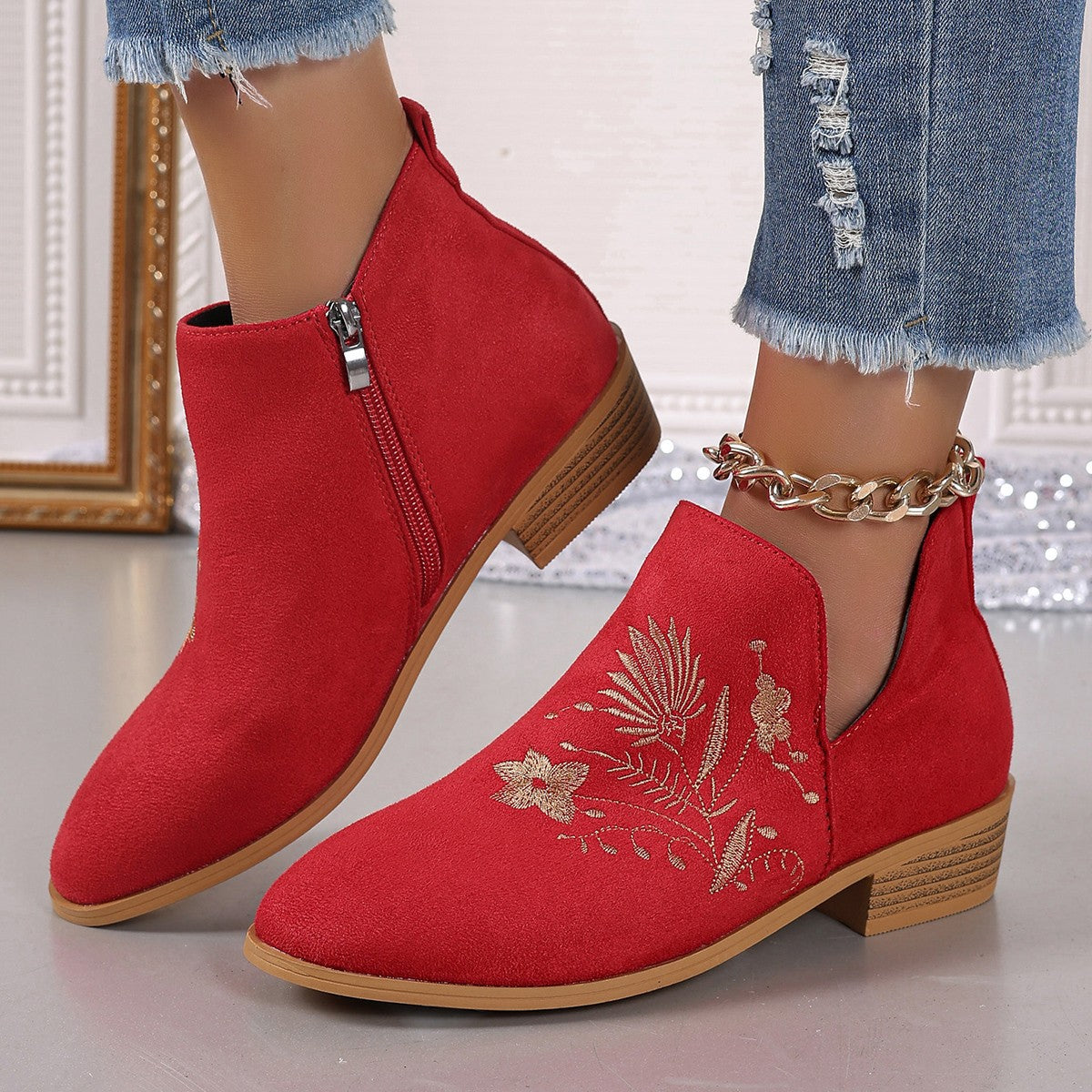 Spirit and Rebel Embroidered Suede Point Toe Block Heel Boho Boots [Spirit and Rebel] Red 36(US5) 