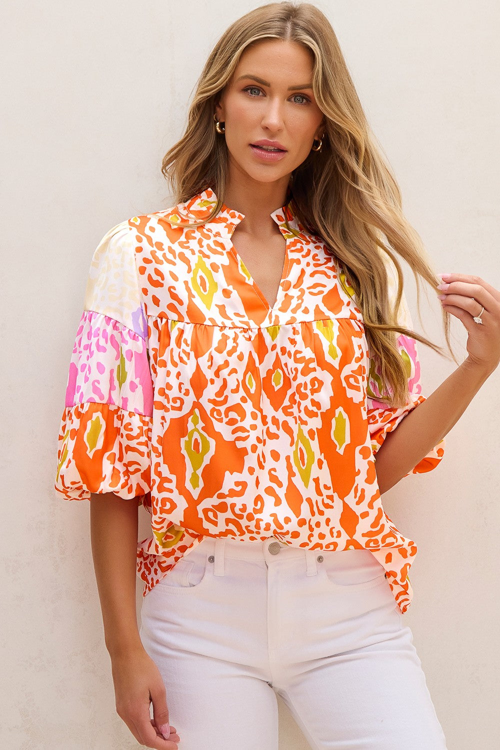 Printed Notched Half Sleeve Boho Blouse - Spirit and Rebel [Spirit and Rebel]   