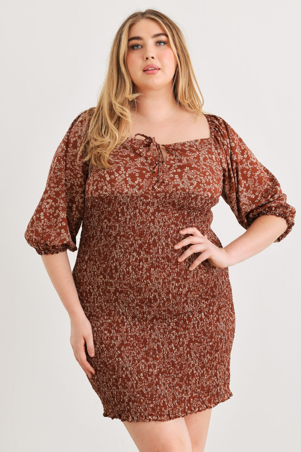 Plus Size Smocked Printed Square Neck Mini Boho Dress - Spirit and Rebel [Spirit and Rebel]   