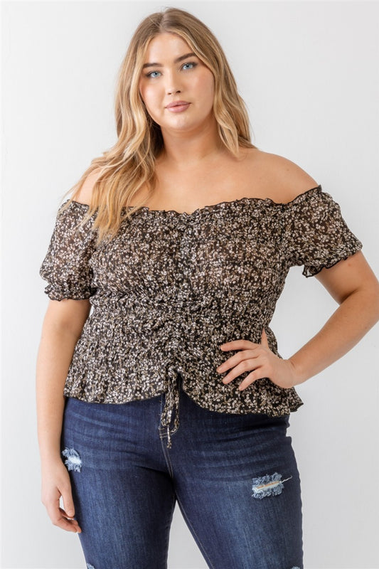 Plus Size Frill Ruched Off-Shoulder Short Sleeve Boho Blouse - Spirit and Rebel [Spirit and Rebel] Black 1XL 