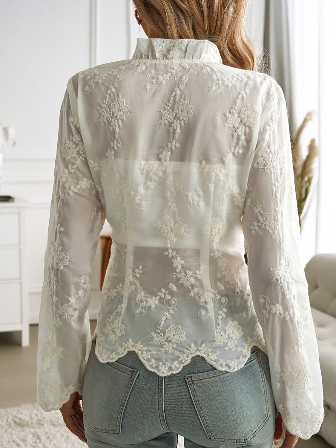 Spirit and Rebel Devine Tied Frill V-Neck Long Sleeve Lace Boho Top [Spirit and Rebel]   