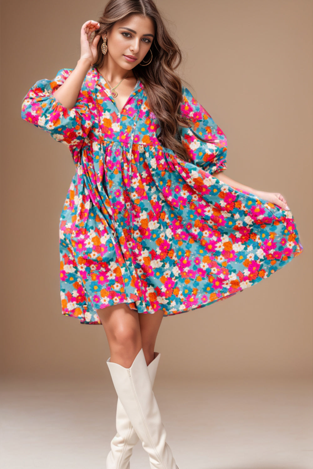 Floral Tie Neck Puff Sleeve Boho Mini Dress [Spirit and Rebel] Floral S 