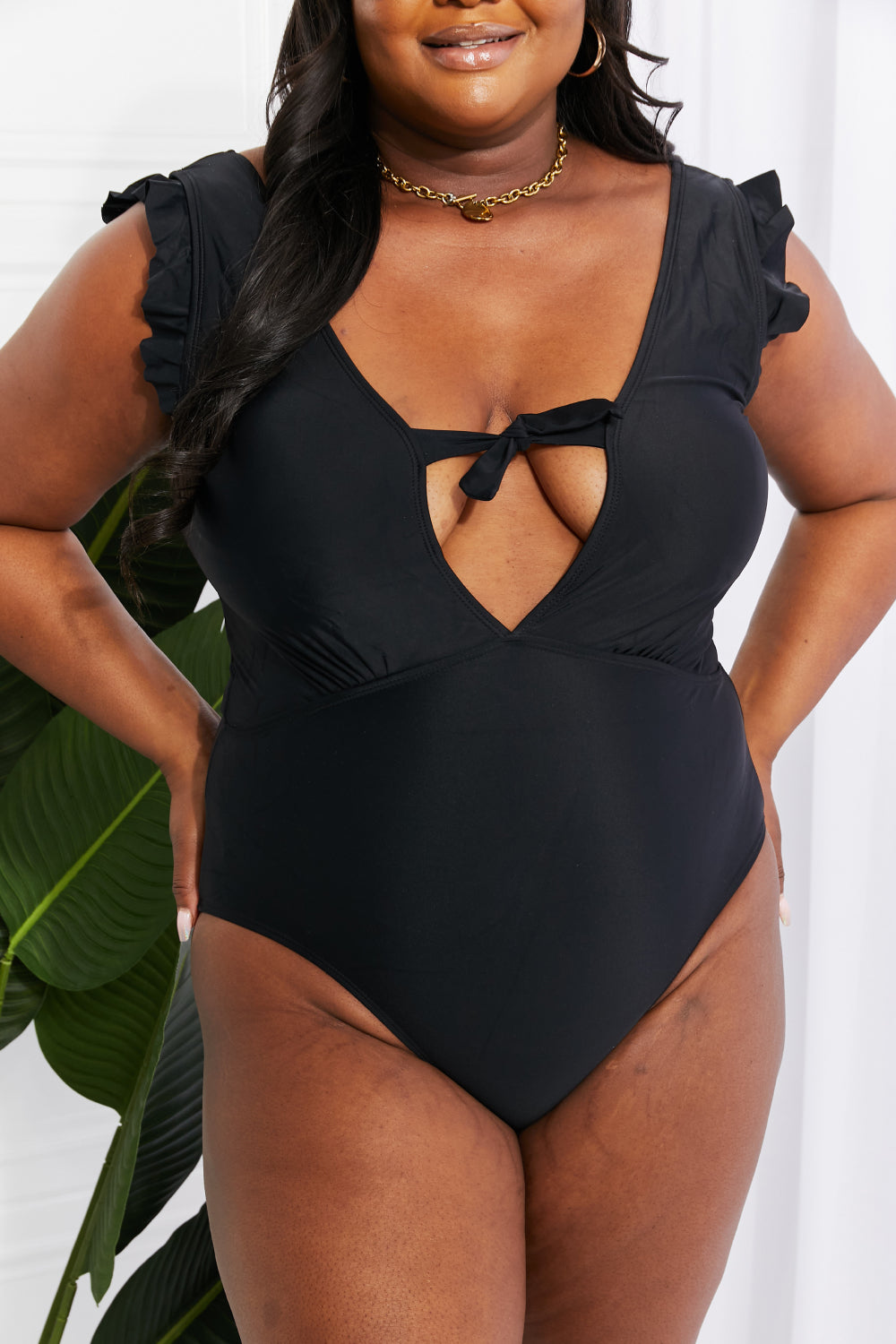 Marina West Swim Seashell Ruffle Sleeve One-Piece in Black Sunset and Swim