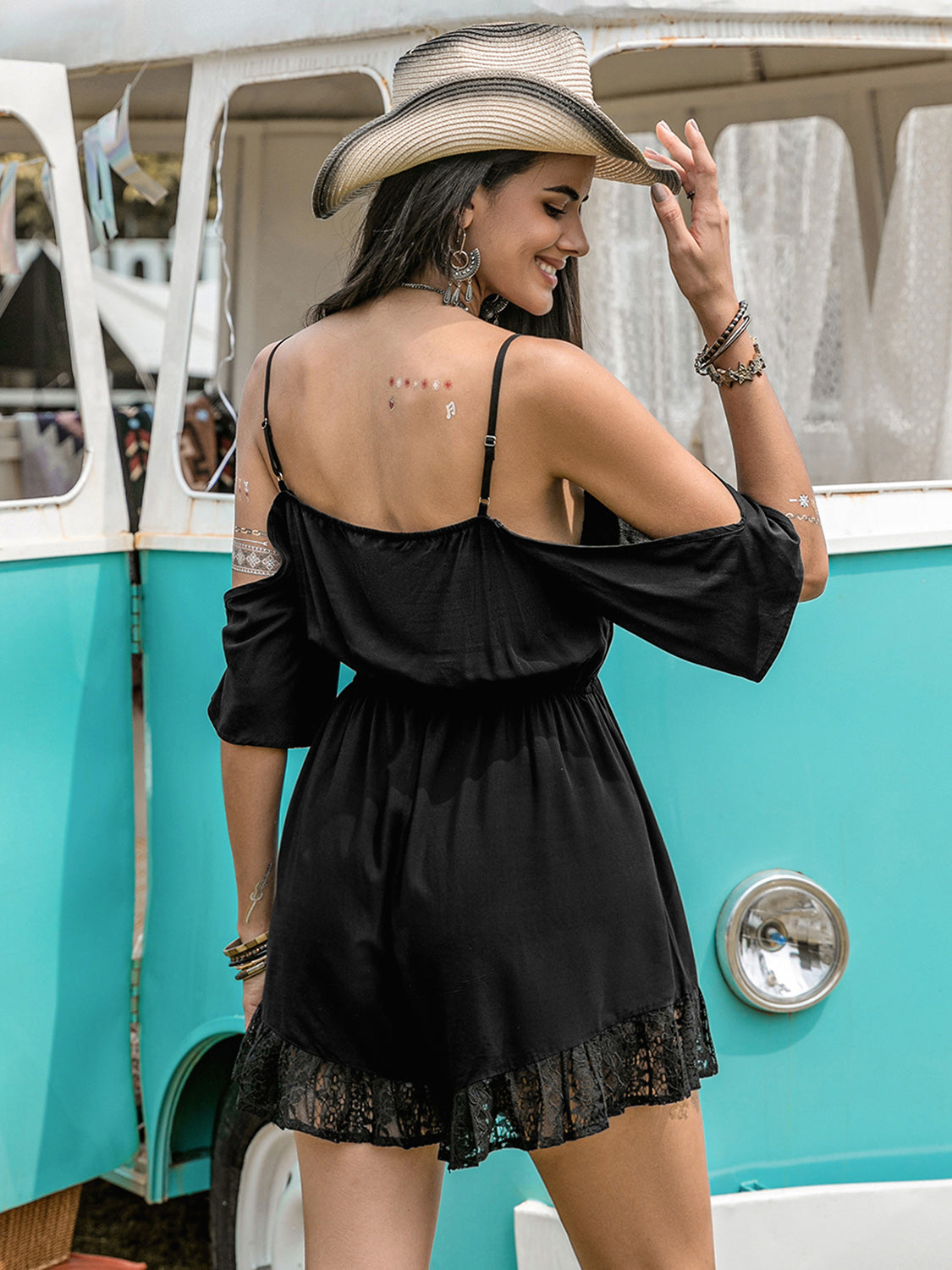 Lace Detail Cold Shoulder Boho Romper - Spirit and Rebel [Spirit and Rebel]   