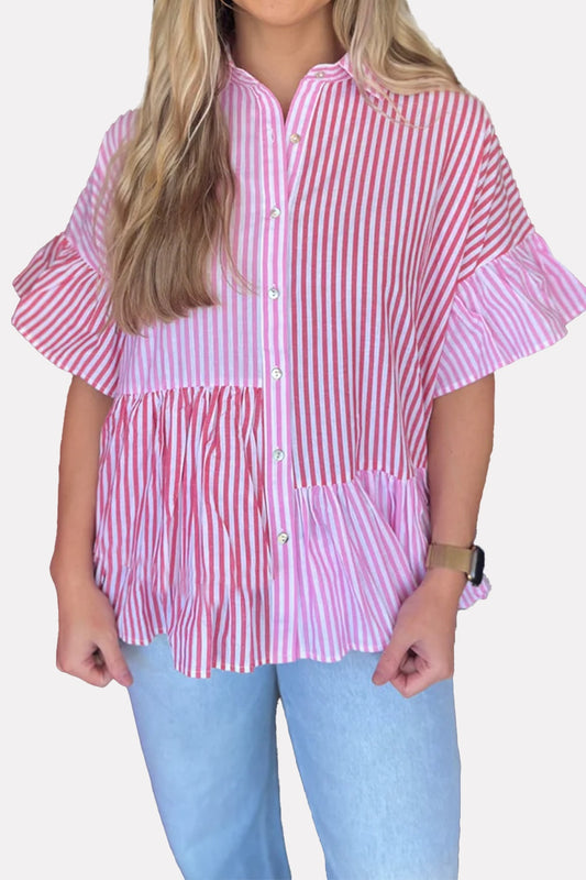 Striped Button Up Flounce Sleeve Shirt [Spirit and Rebel] Blush Pink S 