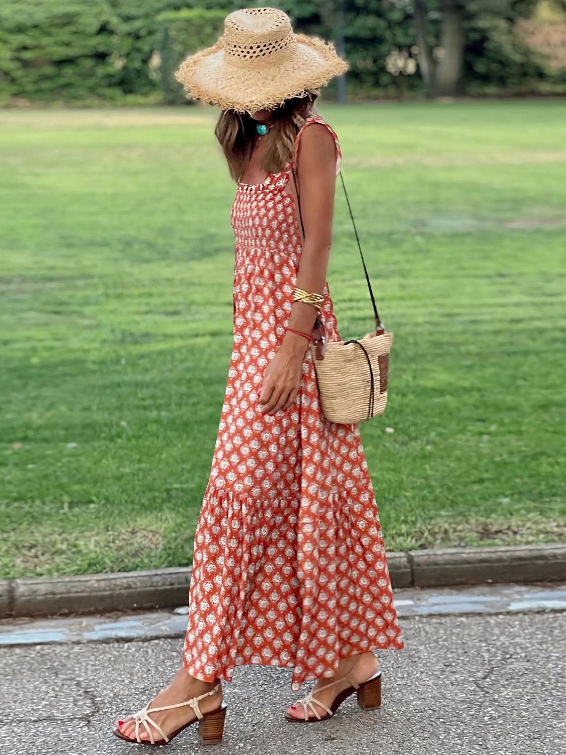 Smocked Printed Square Neck Sleeveless Boho Dress [Spirit and Rebel] Red Orange S 