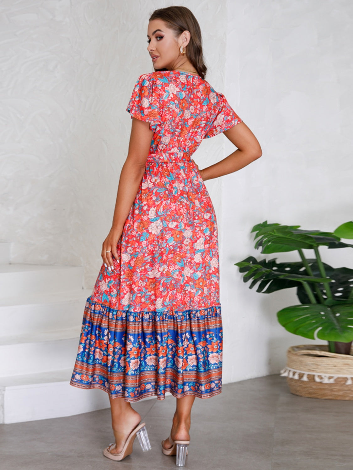 Tied Printed V-Neck Short Sleeve Boho Wedding Guest Dress [Spirit and Rebel]   