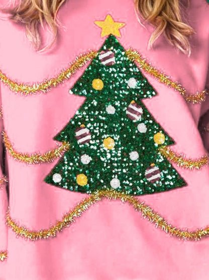 Sequin Christmas Tree Round Neck Boho Sweatshirt [Spirit and Rebel]