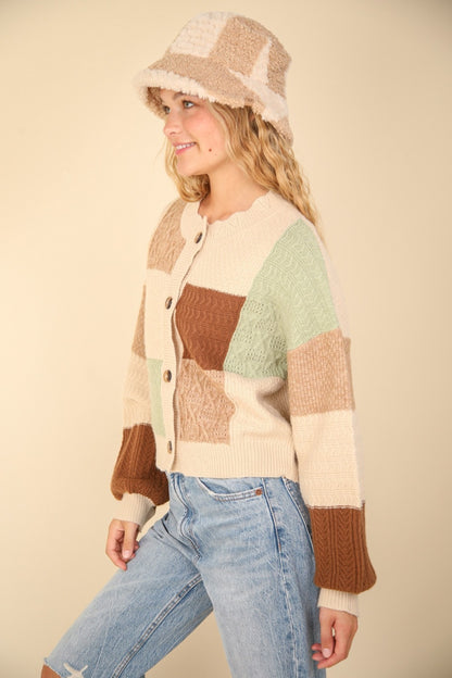 Spirit and Rebel Color Block Button Down Textured Boho Sweater Cardigan [Spirit and Rebel]   